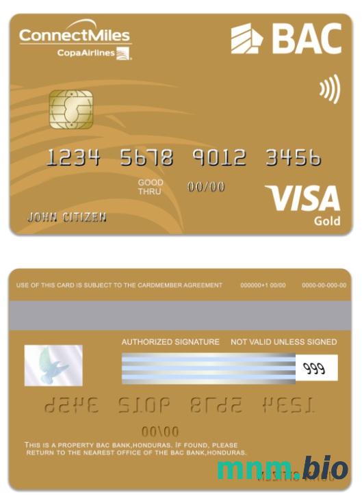 Honduras BAC Bank visa złoto karta przykład w formacie PSD